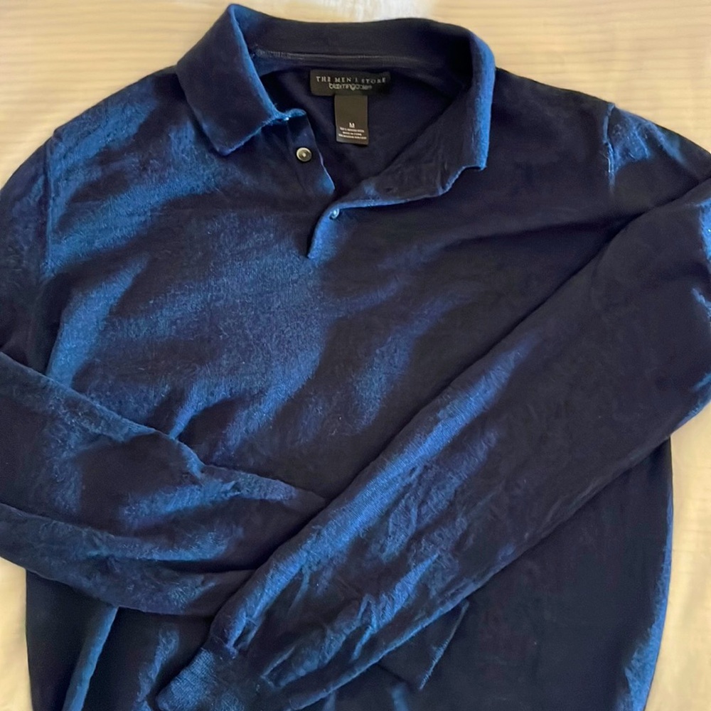 Bloomingdales The mens store.  Size Medium blue collar merino wool sweater